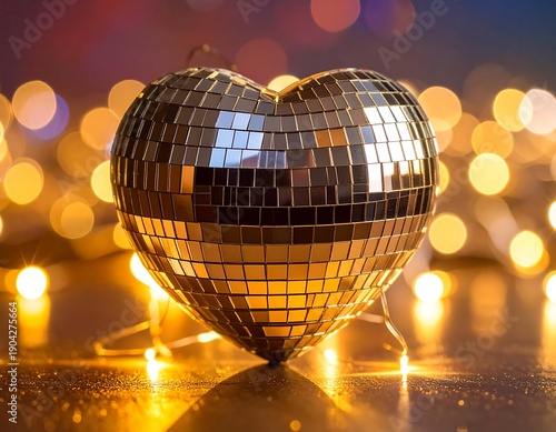 A shiny heart-shaped disco ball on a string with warm lights