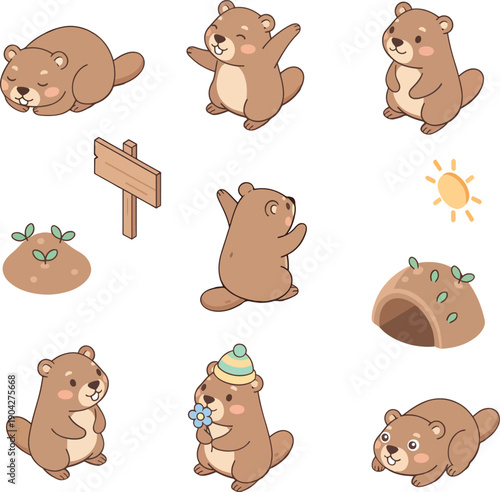 Cute Cartoon Groundhog and Beaver Character Set Hand Drawn Vector Illustrations