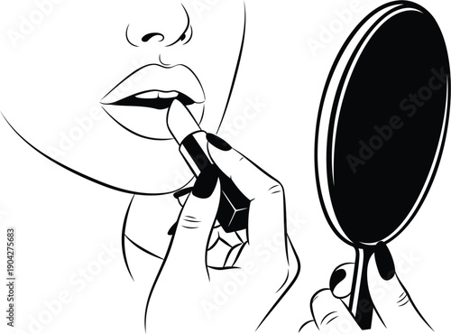 Woman applying lipstick while looking at mirror in beauty makeup concept