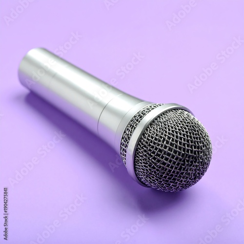A shiny metal microphone on a purple background