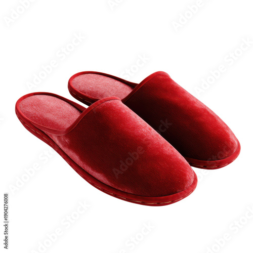 Pair of red velvet slippers isolated on Transparent Background