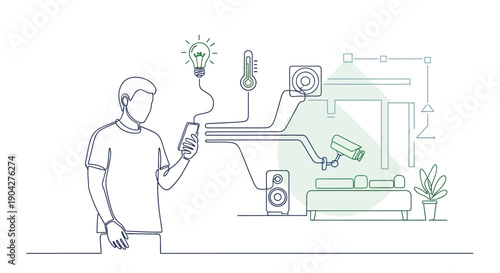 Man remotely controlling various connected smart home devices like lighting temperature security camera and audio system using his mobile phone application