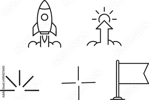 Set of thin line startup and achievement icons featuring rocket launch, upward arrow, rising sun, flag on stand, and sparkle symbols for success.
