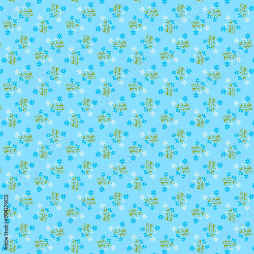 Simple spring floral, botanical, natural pattern, wallpapers, texture Simple flat delicate white and blue flowers, small bouquets on a light blue background