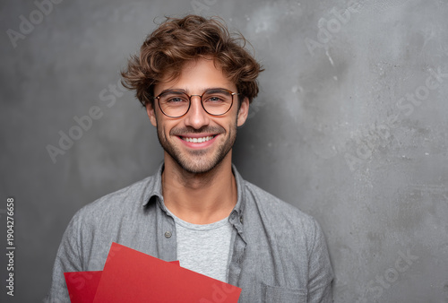 Smiling young male student with curly brown hair wearing round glasses and casual gray shirt holding red papers against a textured gray background