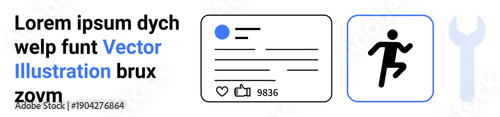 Social media, digital identity, fitness tracking, interface design, user engagement, online tools. Profile card with interactions, running icon and wrench. Social media and digital identity concept