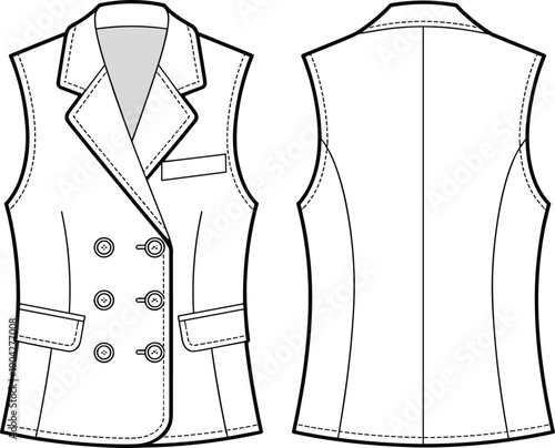 Technical fashion flat sketch of sleeveless tailored vest blazer, front and back view, apparel design illustration for garment production, pattern making, and clothing manufacturing reference