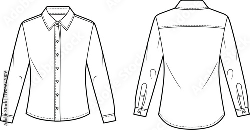 Technical fashion flat sketch of long sleeve button down shirt front and back view, apparel garment design template, vector line art illustration for clothing production