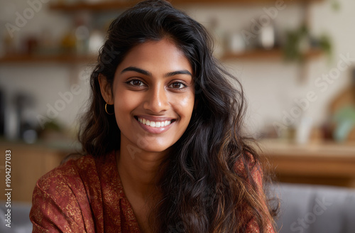 Smiling young indian woman with long wavy dark hair and warm brown eyes wearing traditional attire in a cozy indoor setting