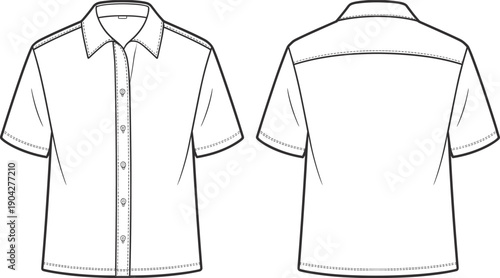 Technical flat sketch of short sleeve button down shirt showing front and back views, apparel fashion design illustration, garment construction details, clean vector line drawing