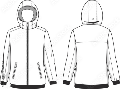 Technical hoodie jacket flat vector illustration showing front and back views, modern outerwear design template, apparel specification drawing for fashion production, manufacturing, and clothing 