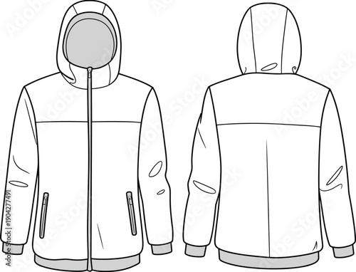 Technical hoodie jacket vector line drawing showing front and back views for fashion design, apparel manufacturing, pattern making, garment construction, and clothing specification templates