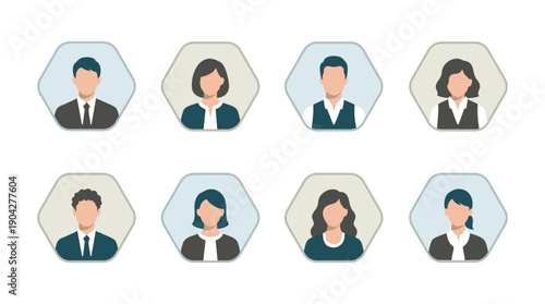 落ち着いた色彩（ライトモカベージュ・ミスティブルーグレー）の六角形フレームのフラットデザイン、男女8人のビジネスパーソン人物イラストセット。お客様の声やプロフィールアイコン向けアバター素材