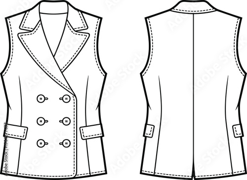 Women tailored sleeveless vest technical fashion illustration with front and back views double breasted buttons apparel design flat vector drawing for clothing production