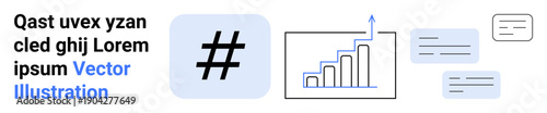 metadata tag icon, upward-trending bar chart with an arrow, text blocks, and vibrant colors. Ideal for analytics, marketing, social media, business growth, content strategy reports simple landing