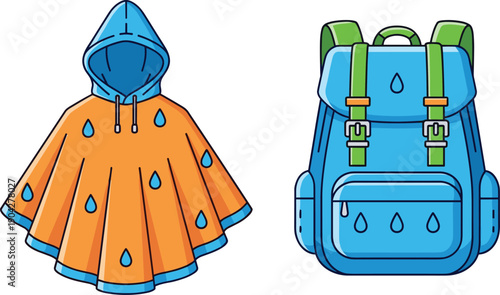 Waterproof rain poncho illustration, outdoor backpack design, camping gear, hiking equipment, travel accessory, wet weather clothing, adventure supplies, protective outfit