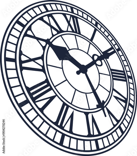 Elegant clock face with roman numerals tilted view