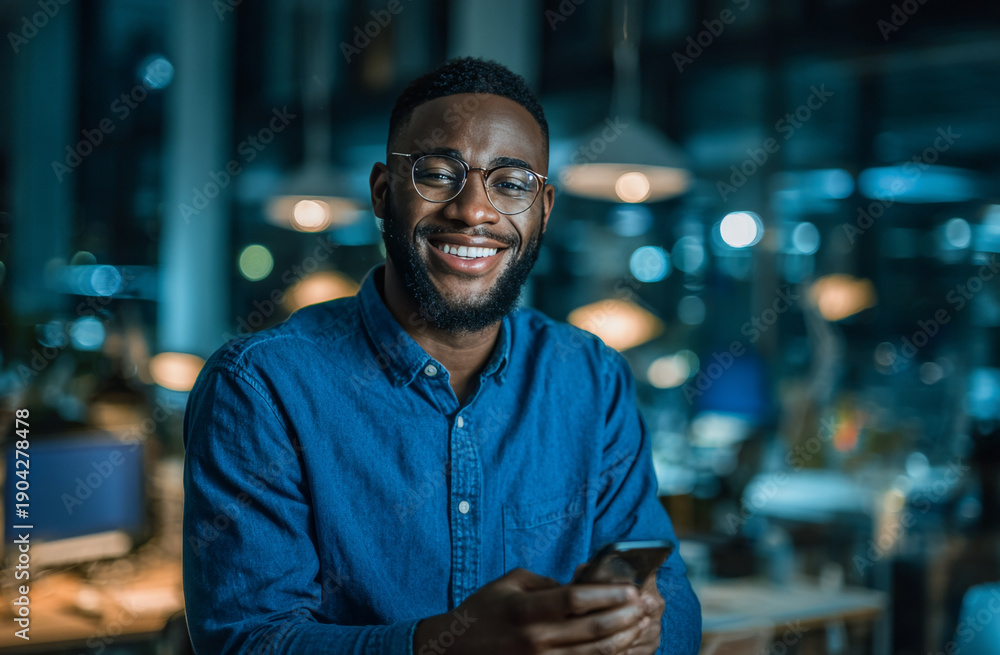 Fototapeta premium Smiling young man with glasses in casual blue shirt holding smartphone in a modern, vibrant indoor setting