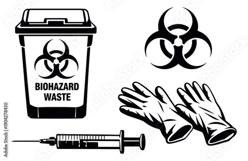 Line art medical biohazard set featuring a waste bin, symbol, gloves, and syringe for safety and healthcare