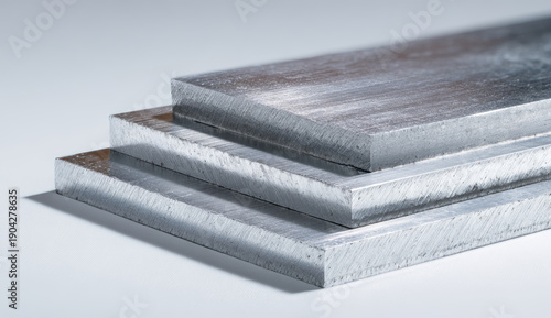 Stacked aluminum plates with smooth metallic surface and reflective texture in a close-animated movie view