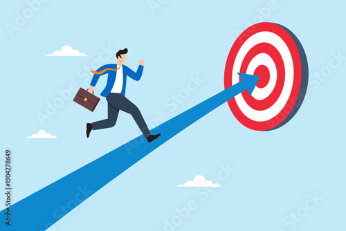 Flat illustration of businessman running on upward arrow toward bullseye target representing goal achievement focus determination successful strategy and business performance