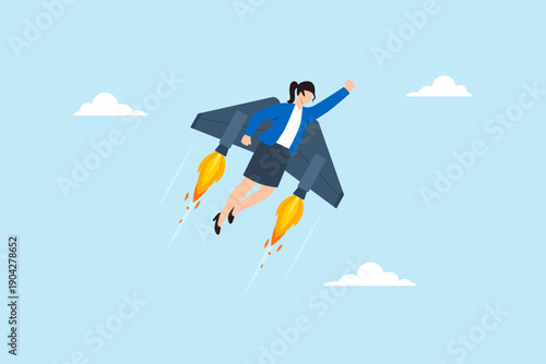 Flat illustration of businesswoman flying upward using rocket jetpack representing ambition empowerment career growth professional advancement and leadership potential