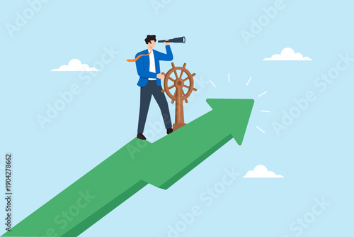 Flat illustration of businessman steering ship wheel on upward arrow while using telescope representing leadership direction vision and strategic business growth