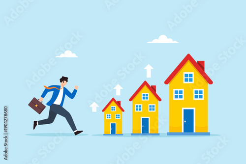Flat illustration of businessman running forward toward growing houses of increasing size representing real estate growth property investment housing market development wealth expansion