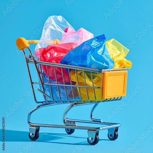 A shopping cart overflowing with colorful plastic bags
