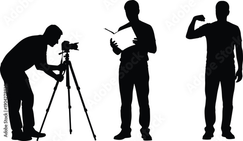 Black silhouette set of a professional photographer with tripod, a person reading a book, and a man posing for camera.