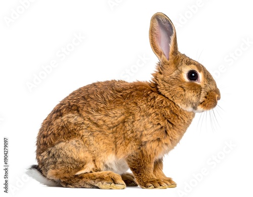 A side-profile view of a small, fluffy, brown bunny rabbit on white