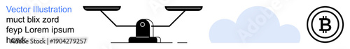 Cryptocurrency, blockchain, digital economy, financial technology, trading, decentralization. A scale balanced against a Bitcoin symbol and cloud. Cryptocurrency and blockchain concept