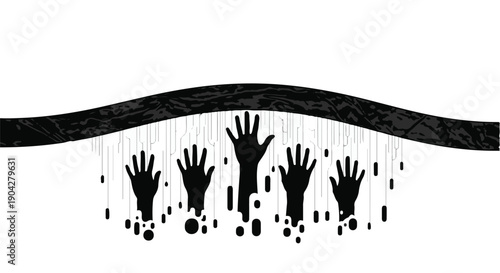 Reaching hands emerge from darkness, symbolizing hope and struggle in adversity