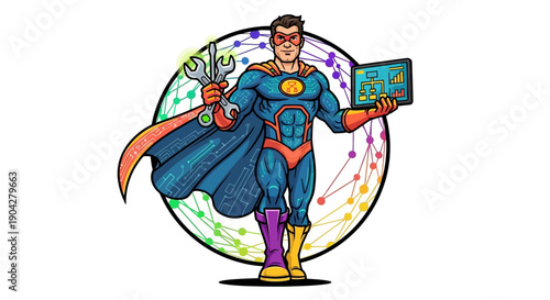 Tech Hero Action Illustration, Superhero Character, Digital World, Colorful Design, Dynamic Style