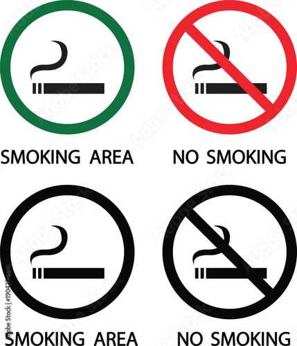 Smoking area and no smoking vector icons set, cigarette prohibition and permission sign collection, safety symbol group isolated on transparent background for public place design