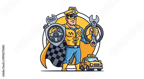 Superhero Fixes Taxis at the Garage, Urban Environment, Fun Illustration