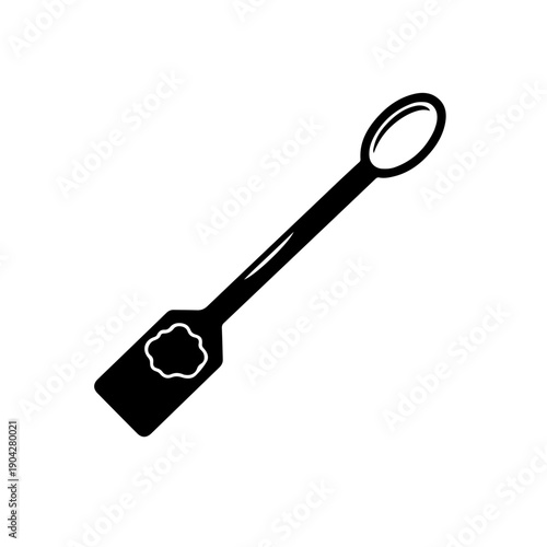 Laboratory spatula with powder sample icon. Black and white vector illustration showing chemical powder measurement for scientific research and pharmacy