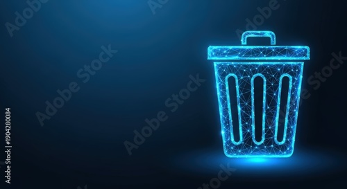 Glowing blue trash bin icon in a digital network, representing data deletion and cleanup operations.