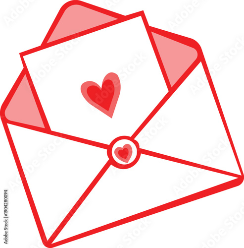 A bright red envelop with a white heart sticking out of it.