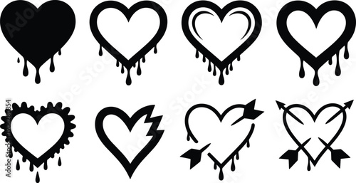 Heart icon illustration set with dripping designs, arrows, lightning bolt, spiked borders, vector artwork, editable, isolated love graphic