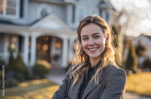 Smiling young woman with wavy blonde hair in professional attire outdoors in front of a large house during golden hour