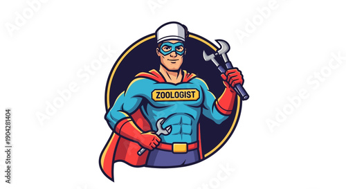 Super Animal Caretaker with Wrench in Colorful Costume Illustration
