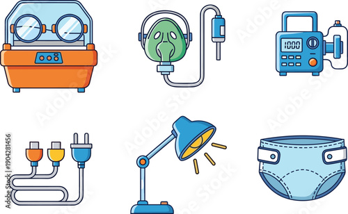 Neonatal medical equipment illustration, pediatric healthcare tools, incubator device, oxygen mask, infusion pump, infant care, hospital supplies, clinical setting, newborn care