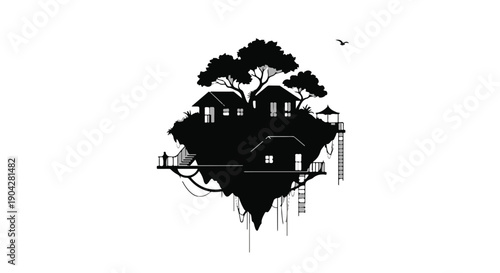 Whimsical silhouette of a fantastical floating island village with trees and houses.