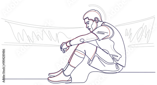 Minimalist continuous line art drawing depicting a dejected athlete sitting alone after a difficult competition or discouraging sporting event performance