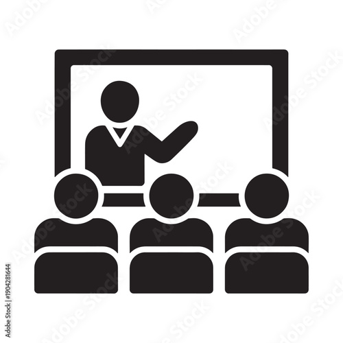 A simplified illustration of a lecture hall with a presenter and audience