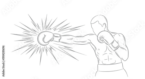 Outline drawing of a powerful boxer delivering a sharp straight punch with intensity lines indicating impact force on a clean white background