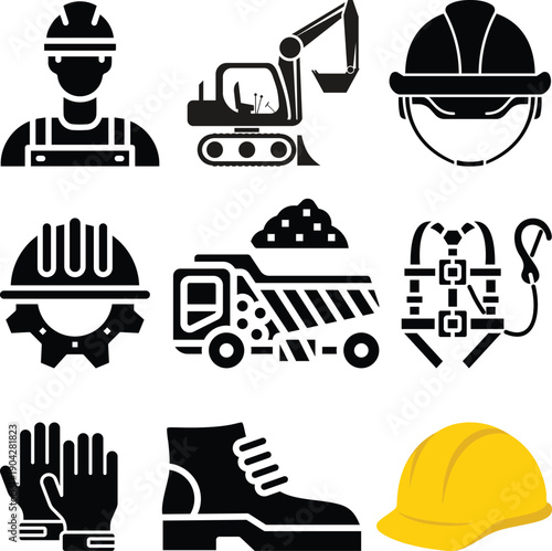 Heating, energy, and safety line icon set. Vector pictograms of factory, fireplace, boiler, worker,yellow safety helmet. hard hat, gas mask, utility bill, and wind turbine, thin linear illustration.