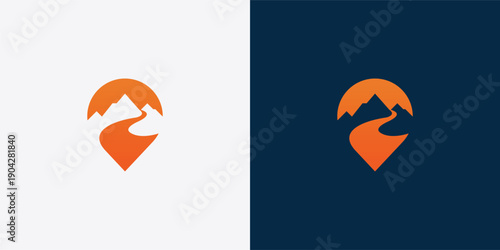 Mountain Logo design Inspiration with map pin location . Outdoor panorama Symbol.