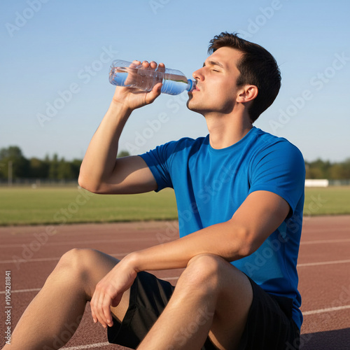 Young man in blue t-shirt drinking water on a running track after exercise.